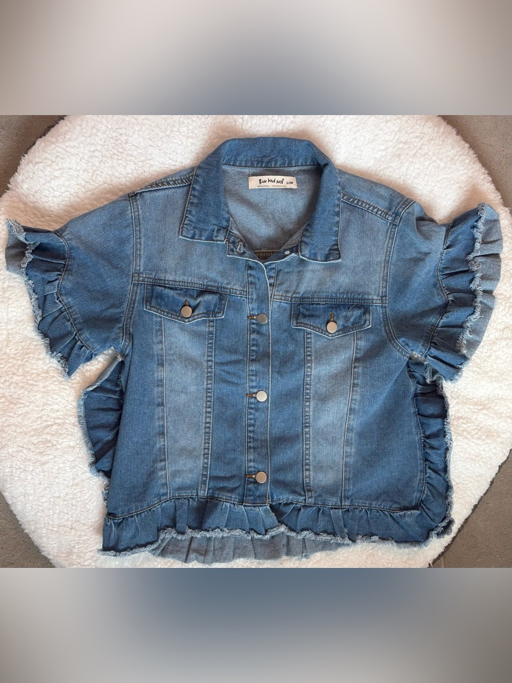Three Bird Nest Scottie Ruffle Denim Jacket S/M Cropped Boho Jean Jacket